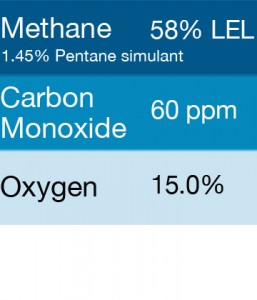 Gasco 314A Multi-Gas Mix: 60 PPM Carbon Monoxide, 1.45% = (58% LEL) Pentane simulant, 15% Oxygen, Balance Nitrogen