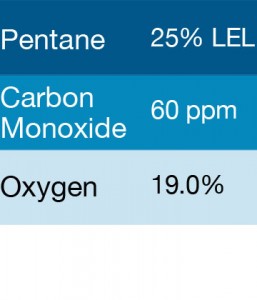 Bump Test Gas: Gasco 356 Multi-Gas Mix: 60 PPM Carbon Dioxide, 25% LEL Pentane, 19.0% Oxygen, Balance Nitrogen