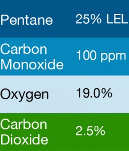 Gasco 363 Multi-Gas Mix: 100 PPM Carbon Monoxide, 25% LEL Pentane, 2.5% Carbon Dioxide, 19.0% Oxygen, Balance Nitrogen