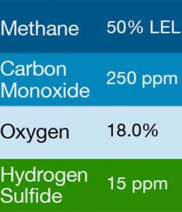 Bump Test Gas: Gasco 400 Multi-Gas Mix: 250 PPM Carbon Monoxide, 50% LEL Methane, 18.0% Oxygen, 15 PPM Hydrogen Sulfide, Balance Nitrogen