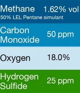 Bump Test Gas: Gasco 403E Multi-Gas Mix: 50 PPM Carbon Monoxide, 1.62% Vol. = (50% LEL) Pentane simulant, 18.0% Oxygen, 25 PPM Hydrogen Sulfide, Balance Nitrogen