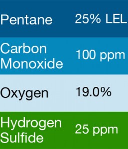 Gasco 411 Multi-Gas Mix: 100 PPM Carbon Monoxide, 25% LEL Pentane, 19.0% Oxygen, 25 PPM Hydrogen Sulfide, Balance Nitrogen