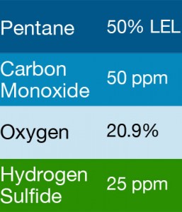 Bump Test Gas: Gasco 417 Multi-Gas Mix: 50 PPM Carbon Monoxide, 50% LEL Pentane, 20.9% Oxygen, 25 PPM Hydrogen Sulfide, Balance Nitrogen