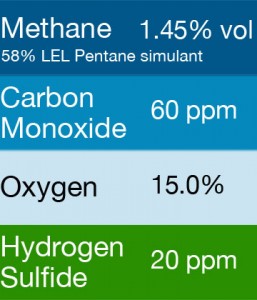 Gasco 428.2 Multi-Gas Mix: 60 PPM Carbon Monoxide, 1.45% Vol. = (58% LEL) Pentane simulant, 15.0% Oxygen, 20 PPM Hydrogen Sulfide, Balance Nitrogen