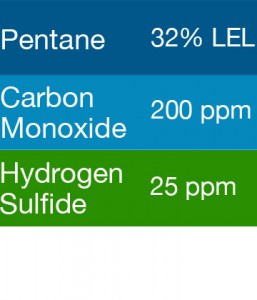 Bump Test Gas: Gasco 457S Multi-Gas Mix: 100 PPM Carbon Monoxide, 32% LEL Pentane, 25 PPM Hydrogen Sulfide, Balance Air