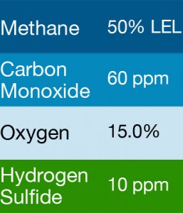 Bump Test Gas: Gasco 460 Multi-Gas Mix: 60 PPM Carbon Monoxide, 50% LEL Methane, 15.0% Oxygen, 10 PPM Hydrogen Sulfide, Balance Nitrogen