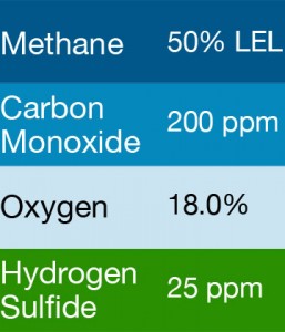 Bump Test Gas: Gasco 478 Multi-Gas Mix: 200 PPM Carbon Monoxide, 50% LEL Methane, 18.0% Oxygen, 25 PPM Hydrogen Sulfide, Balance Nitrogen