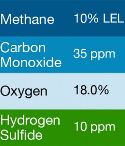 Bump Test Gas: Gasco 490 Multi-Gas Mix: 35 PPM Carbon Monoxide, 10% LEL Methane, 18.0% Oxygen, 10 PPM Hydrogen Sulfide, Balance Nitrogen