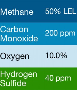 Bump Test Gas: Gasco 490T Multi-Gas Mix: 200 PPM Carbon Monoxide, 50% LEL Methane, 10.0% Oxygen, 40 PPM Hydrogen Sulfide, Balance Nitrogen