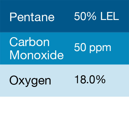 Bump Test Gas: Gasco 322-18 Multi-Gas Mix: 50 PPM Carbon Monoxide, 50% LEL Pentane, 18% Oxygen, Balance Nitrogen