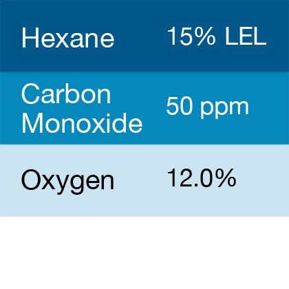 Bump Test Gas: Gasco 331 Multi-Gas Mix: 50 PPM Carbon Monoxide, 15% LEL Hexane, 12.0% Oxygen, Balance Nitrogen