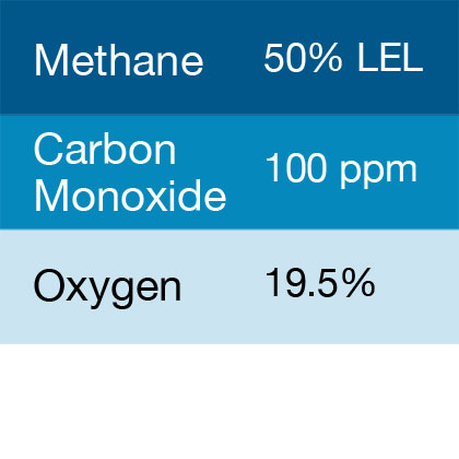 Bump Test Gas: Gasco 369 Multi-Gas Mix: 100 PPM Carbon Monoxide, 50% LEL Methane, 19.5% Oxygen, Balance Nitrogen