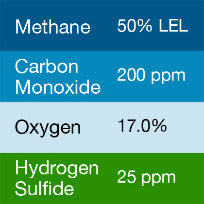 Gasco 439 Multi-Gas Mix: 200 PPM Carbon Monoxide, 50% LEL Methane, 17.0% Oxygen, 25 PPM Hydrogen Sulfide, Balance Nitrogen