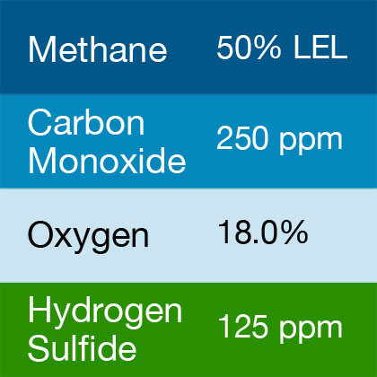 Bump Test Gas: Gasco 440 Multi-Gas Mix: 250 PPM Carbon Monoxide, 50% LEL Methane, 18.0% Oxygen, 125 PPM Hydrogen Sulfide, Balance Nitrogen