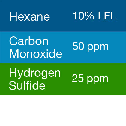 Bump Test Gas: Gasco 452 Multi-Gas Mix: 50 PPM Carbon Monoxide, 10% LEL Hexane, 25 PPM Hydrogen Sulfide, Balance Air