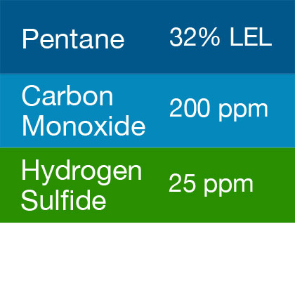 Bump Test Gas: Gasco 457S Multi-Gas Mix: 100 PPM Carbon Monoxide, 32% LEL Pentane, 25 PPM Hydrogen Sulfide, Balance Air