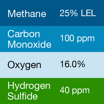Bump Test Gas: Gasco 485 Multi-Gas Mix: 100 PPM Carbon Monoxide, 25% LEL Methane, 16.0% Oxygen, 40 PPM Hydrogen Sulfide, Balance Nitrogen